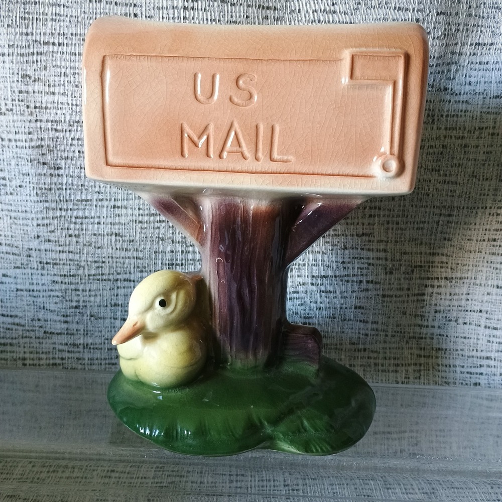 Vintage US Mail Mailbox Ceramic Planter with Duckling Figurine Mid Century Decor
